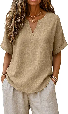 Gauze Shirts for Women Cotton Linen Tops V Neck Short Sleeve Blouses