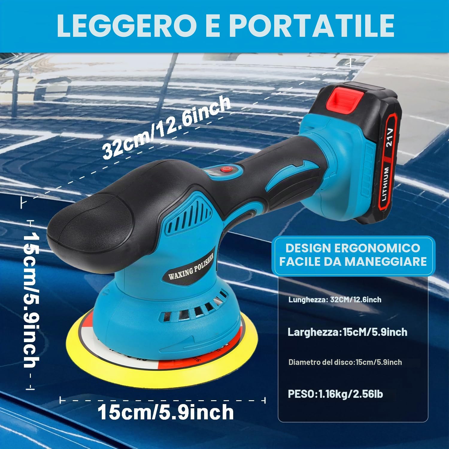 HERZO Lucidatrice a batteria 150 mm, tampone auto e lucidatrice, 6 velocità variabile, set di lucidatura auto, 2 batterie da 21 V 1,5 Ah, lucidatrice senza fili per la cura dell'auto, lucidatura, cera