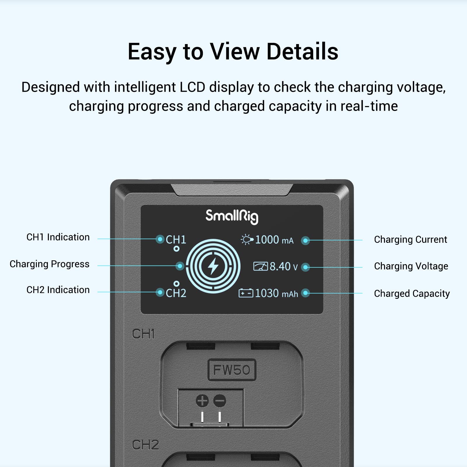 SMALLRIG Batteries de Rechange pour Appareil Photo et Chargeur d'Ecran LCD (Lot de 2), Compatible avec NP-FW50 pour Sony A6000, A6500, A6300, A6400, A7, A7 II, A7R II, A7S II, A7S, A7R - 3818