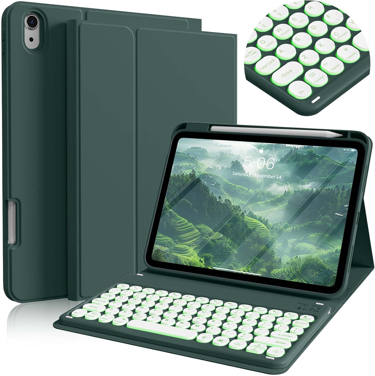 Keyboard for iPad 11th Gen, 11/10.9inch iPad Case with Pencil Holder, 11inch A16/10.9" Slim Lightweight case with Wireless Backlight Keyboard Folio Cover Auto Wake/Sleep, Dark Green