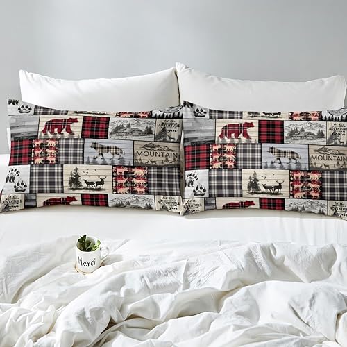 Miniatura 9 de Juego de sábanas rústicas de cabaña, tamaño King, bosque, lobo, ciervo, oso, para niños y adultos, ropa de cama a cuadros de búfalo rojo y negro,