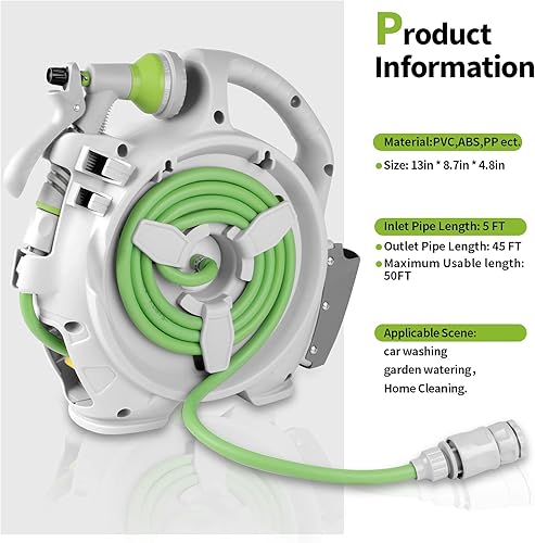 Miniatura 24 de Carrete de manguera retráctil para jardín, carrete de manguera portátil simple para el hogar de 45 + 5 pies con boquilla rociadora de 7 patrones