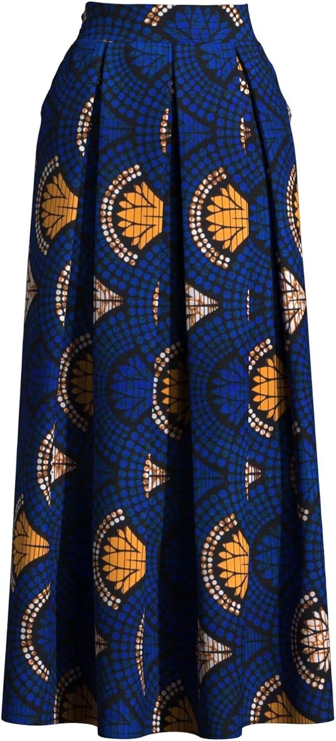 iooiooi African Skirt for Women High Waist with Pockets Ankara Print Maxi Long Skirt for Ladies Party Clothing