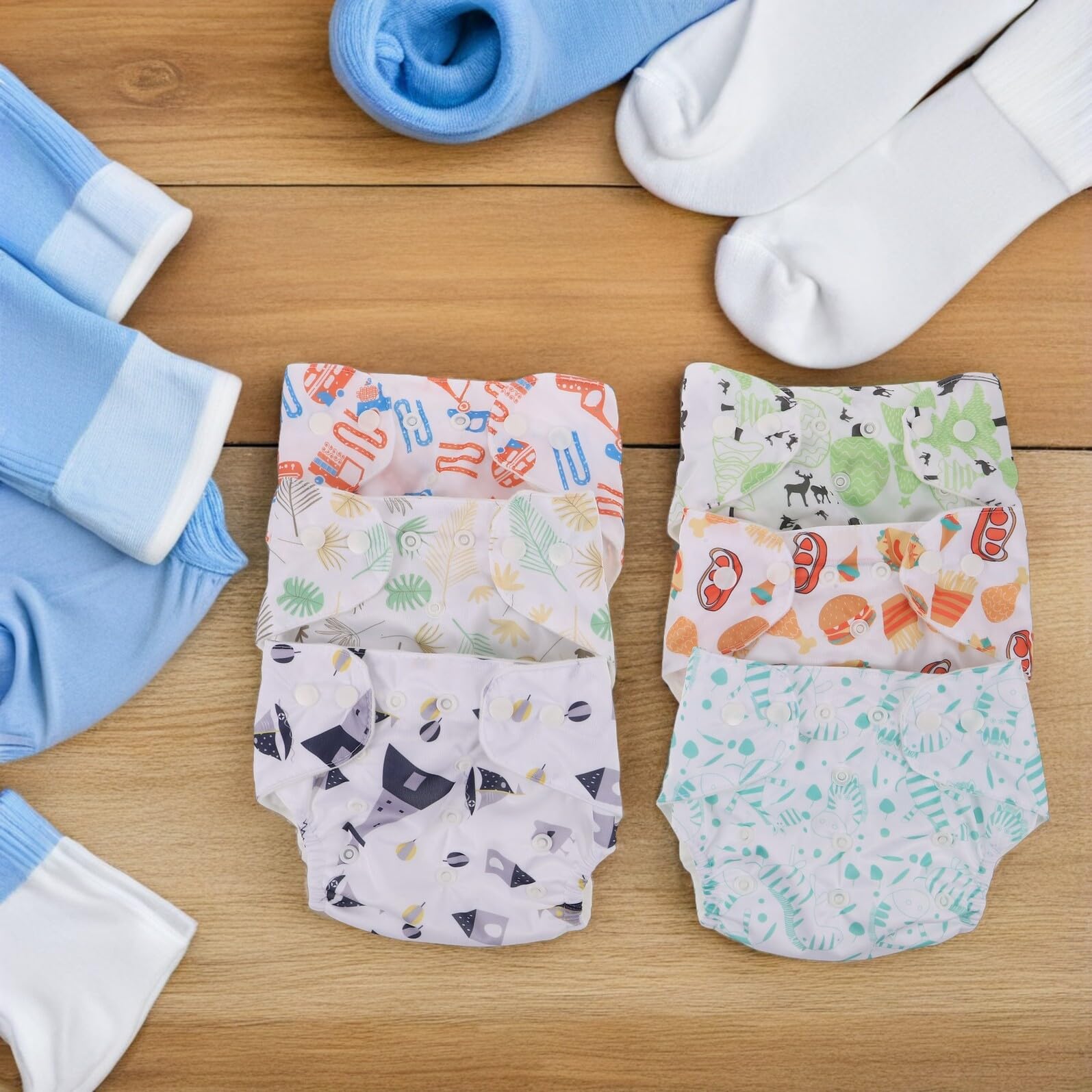 Pañales de Tela Lavables para Recién Nacido 6 Unidades con Estampados Infantiles Variados, Pantalones Absorbentes y Reutilizables para Bebés con Cierre a Presión, Ropa