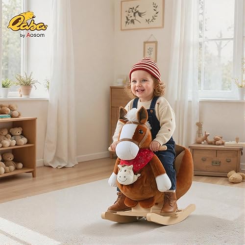 Miniatura 11 de Qaba Juguete de caballo mecedora para niños, balancín con canción de cuna, títeres de mano y tela de felpa suave para niños de 18 a 36 meses, gris