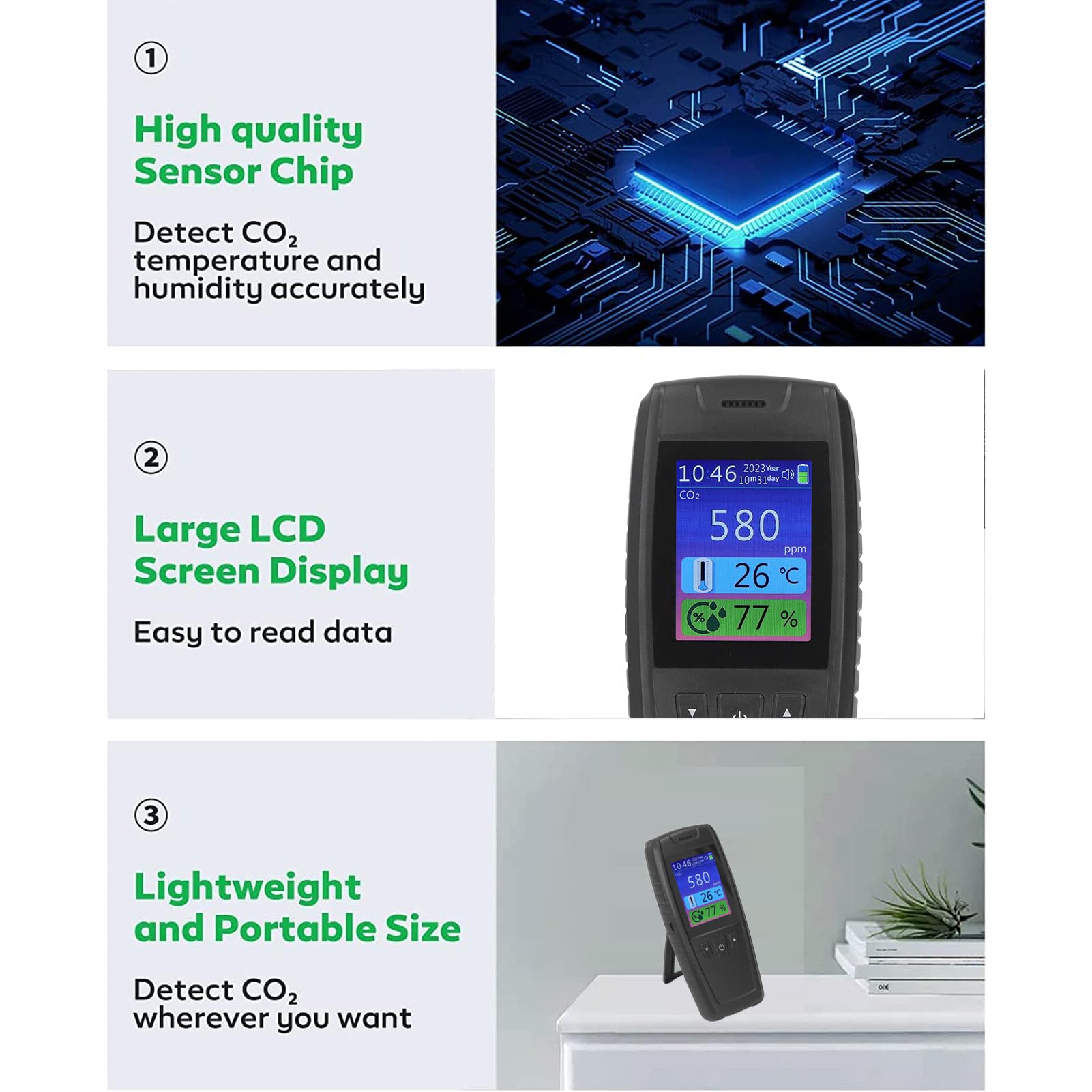 AMONIDA Detector de Dióxido de Carbono Monitor de CO2 Portátil de Alta Precisión para Calidad del Aire Interior Oficina en Casa ABS 1 Unidad