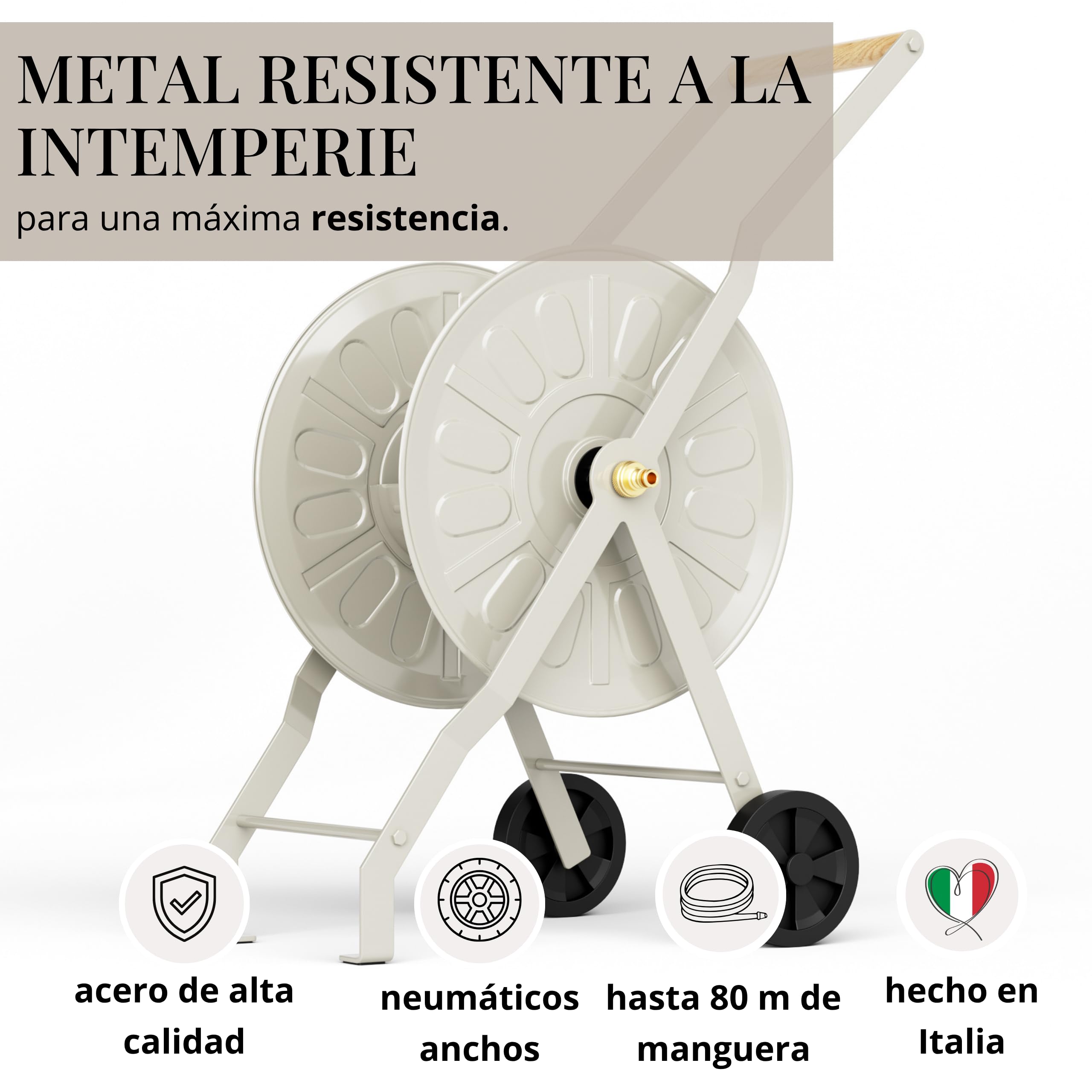 LIVLIG Carro para mangueras de Metal, Carro para mangueras de jardín de Primera Calidad, Carro para mangueras de hasta 50 m de Manguera de jardín, Fabricado en Europa, Color: Greige