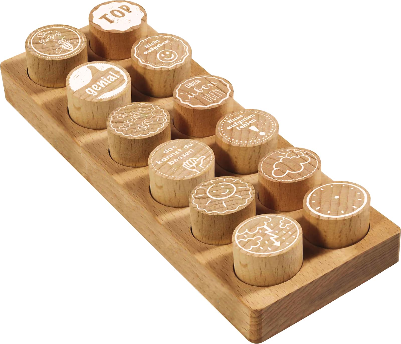 COLOP Woodies set di timbri in legno "Motivation" con 12 motivi, timbro di riconoscimento e motivazione in legno di faggio, Ø 29 mm, incl. 2 tamponi d'inchiostro, rosso e verde, 50 x 90 mm