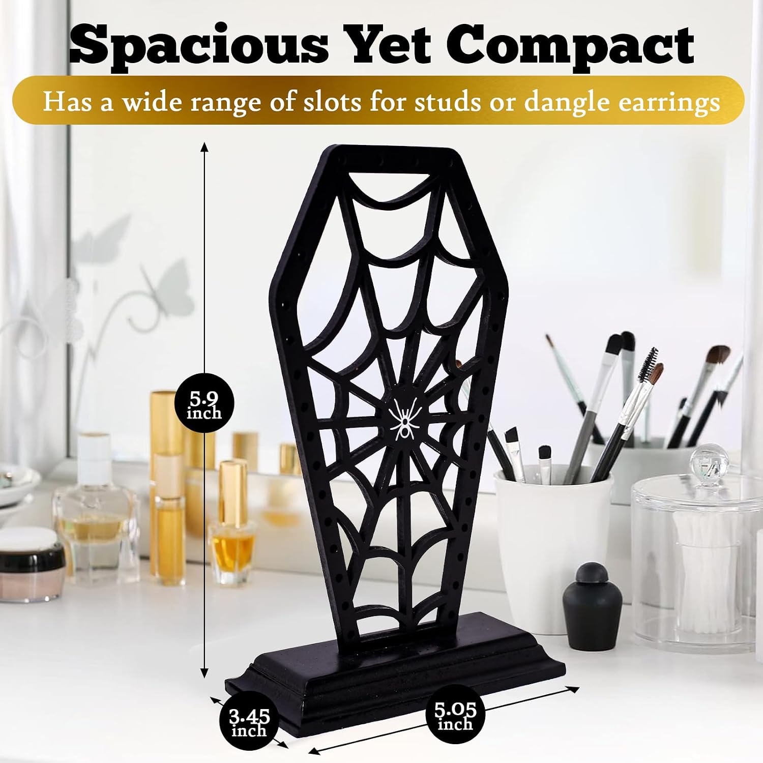 Coffin Spiderweb Earring Holer - Halloween Decor for Bathroom and Bedroom - Gothic Wooden Makeup Organizer for Girls - Goth Accessories for Vanity - Witchy Gifts for Women image 5