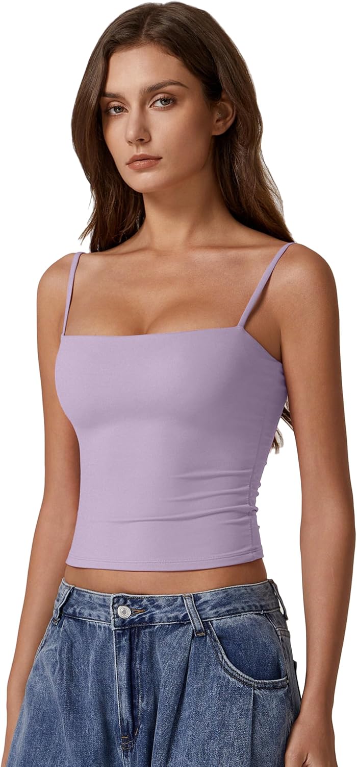QINSEN Women's Double Lined Basic Tank Top Adjustable Spaghetti Straps Sleeveless Camisole Shirts - Image 3
