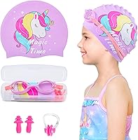 Vista 41 de Gorros de natación para niñas (de 2 a 6 años), gorro de natación de silicona impermeable duradero para cabello corto con gafas de natación, tapón