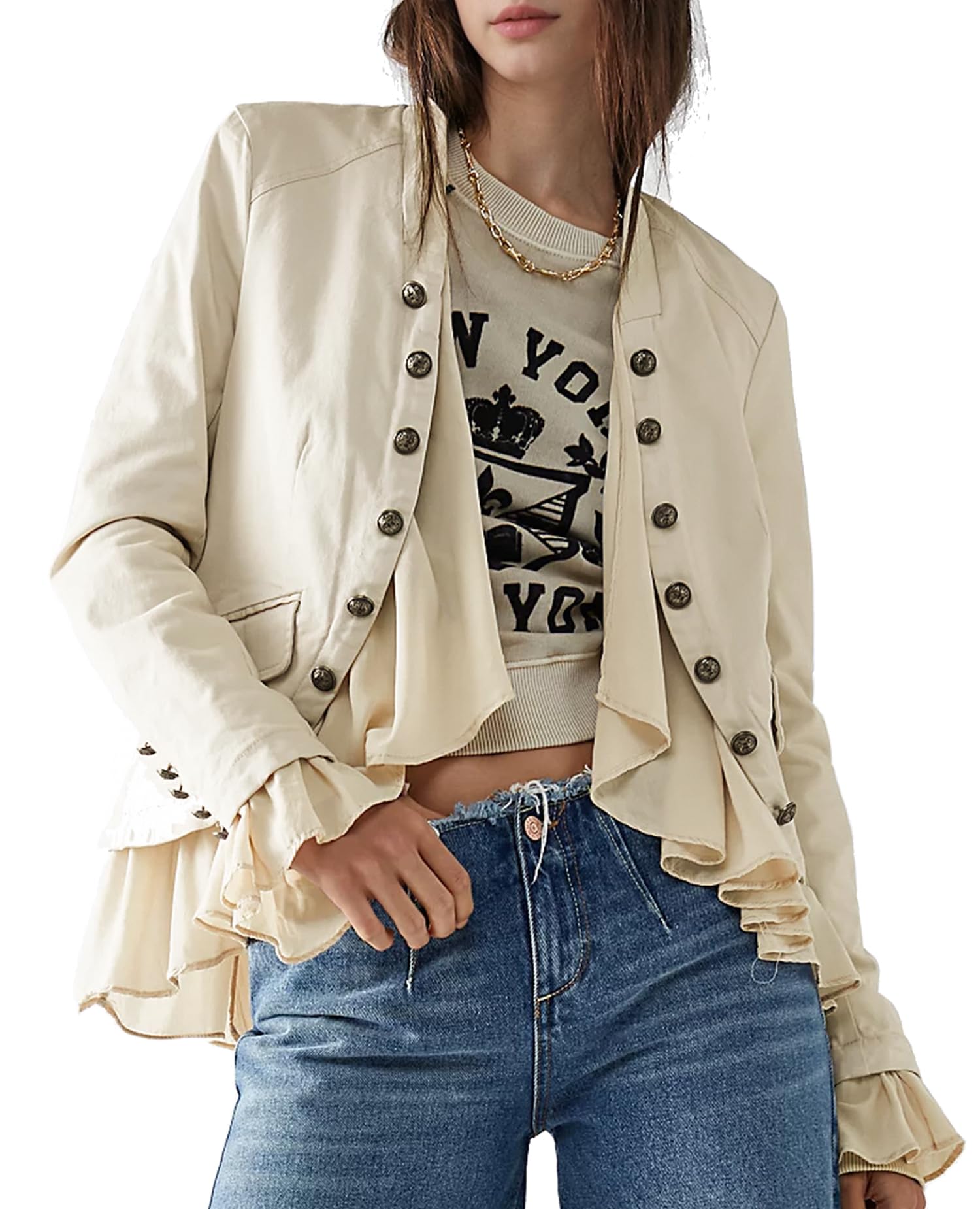 Womens Casual Ruffle Jacket High Low Hem Steampunk Blazers Button up Romance Open Front Cotton Cardigan Beige S