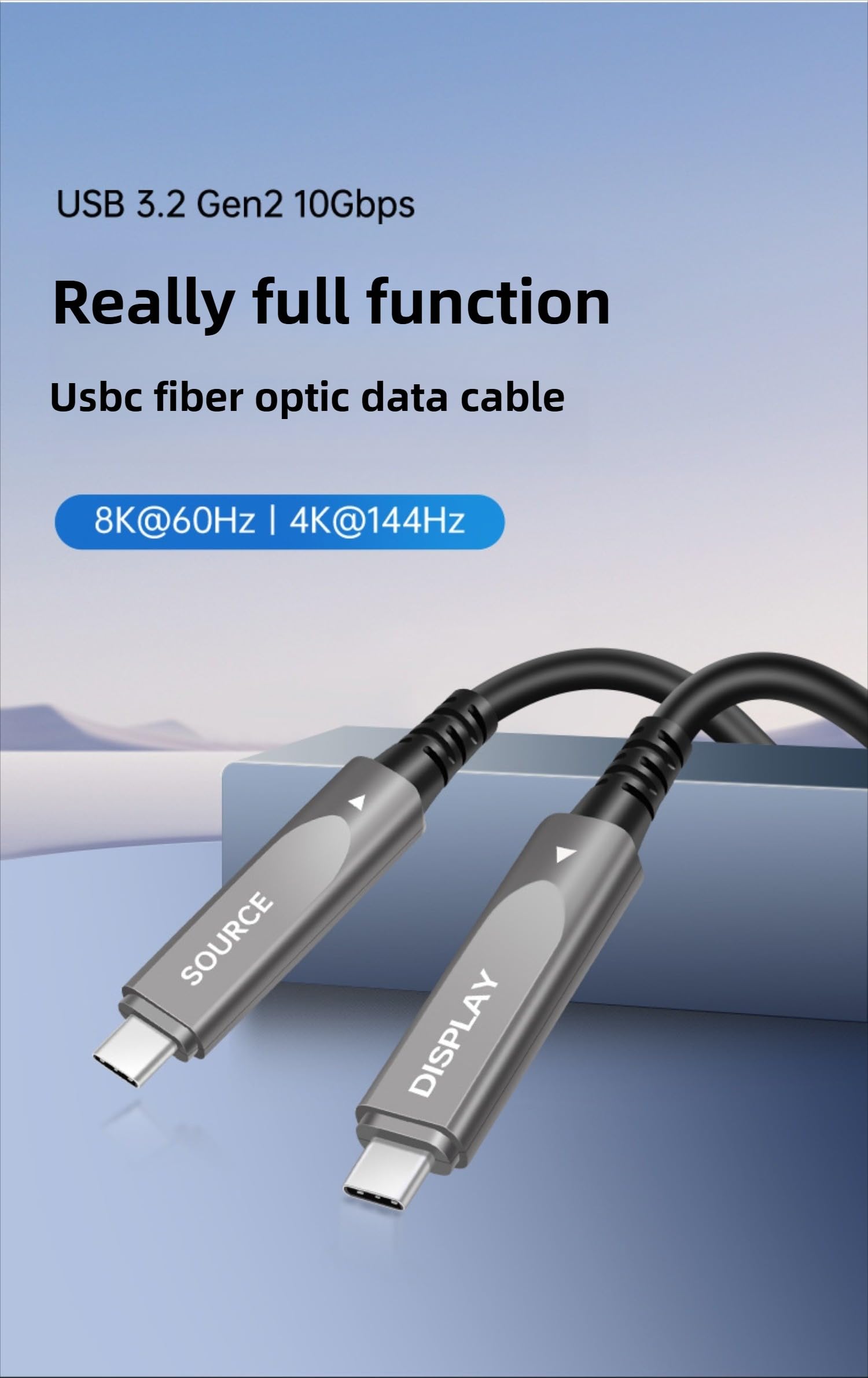 SkyeySnail 39ft/12m Full Function USB C Fiber Optic Cable, 10Gbps PD 60W Charging USB 3.2 C, Support 2-Lane DP1.4 and 8K 4K@60Hz Audio Video Output for VR, TV, Laptop
