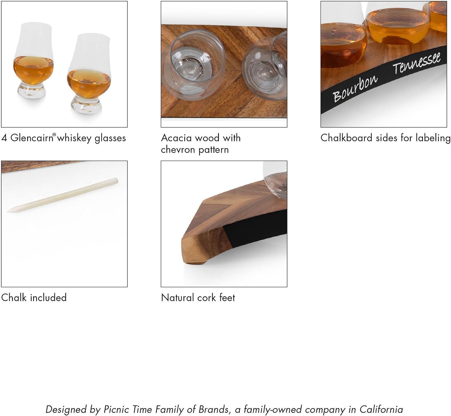 PICNIC TIME Lowlands Whiskey Flight Tasting Set, Glencairn® Glasses, Whiskey Tasting Kit, Whiskey Gift Set, (Acacia Wood)