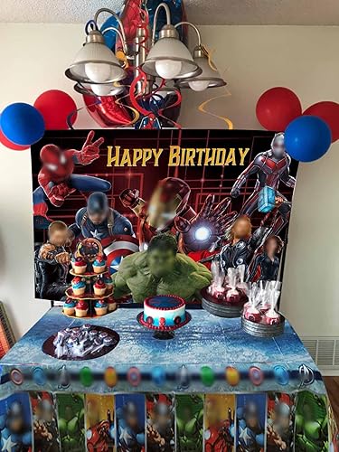 Miniatura 6 de Telón de fondo de superhéroe de 5 x 3 pies y mantel de superhéroes de 71 x 51 pulgadas decoración de mesa de cumpleaños temática de película de