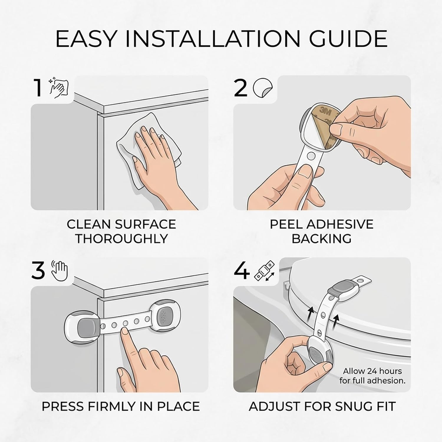 Baby Proof Toilet Lock (2-Pack) - Child Safety Cabinet Locks for Toilet Seat, Drawers, Fridge, Doors | Easy Install with Strong 3M Adhesive | Non-Toxic & Adjustable Strap for Toddler & Pet Safety