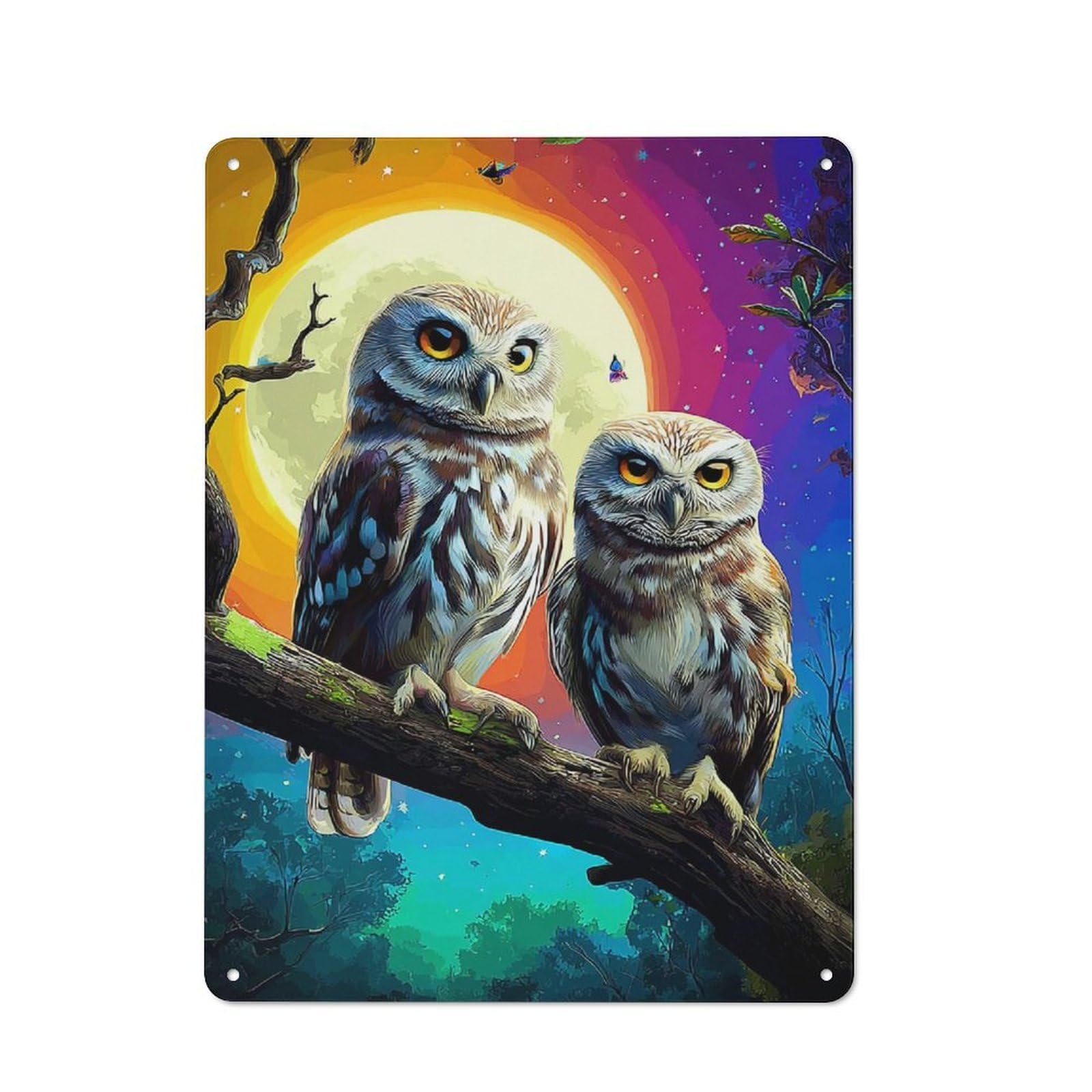 Junmoney Owl Duo Under The Moonlit Sky Rustic Metal Plaque 40X30cm For Hobby Room Or Studio, For Creative Interior Collectors