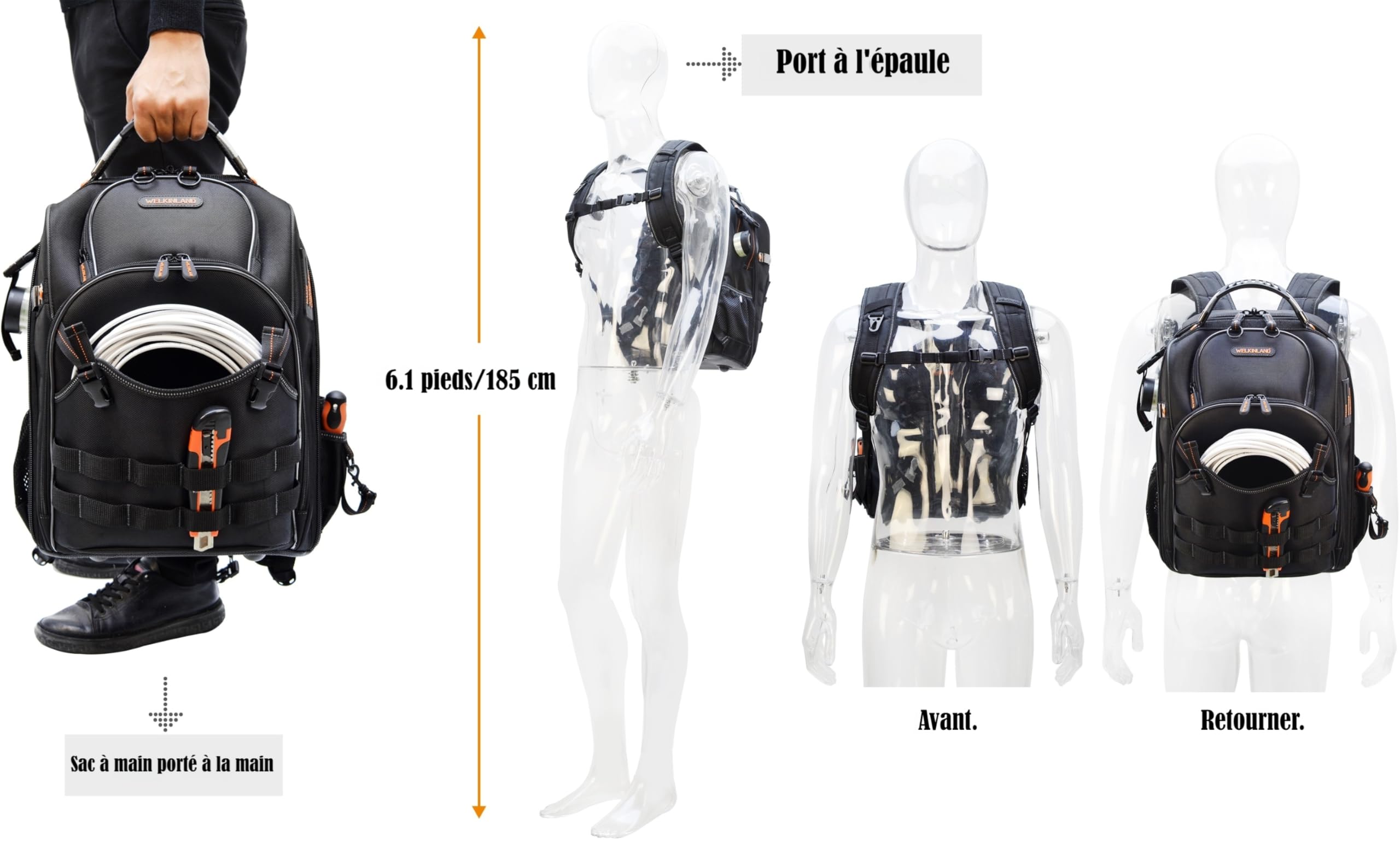 Sac à outils 66 poches, sac à dos robuste pour électriciens, construction, hommes