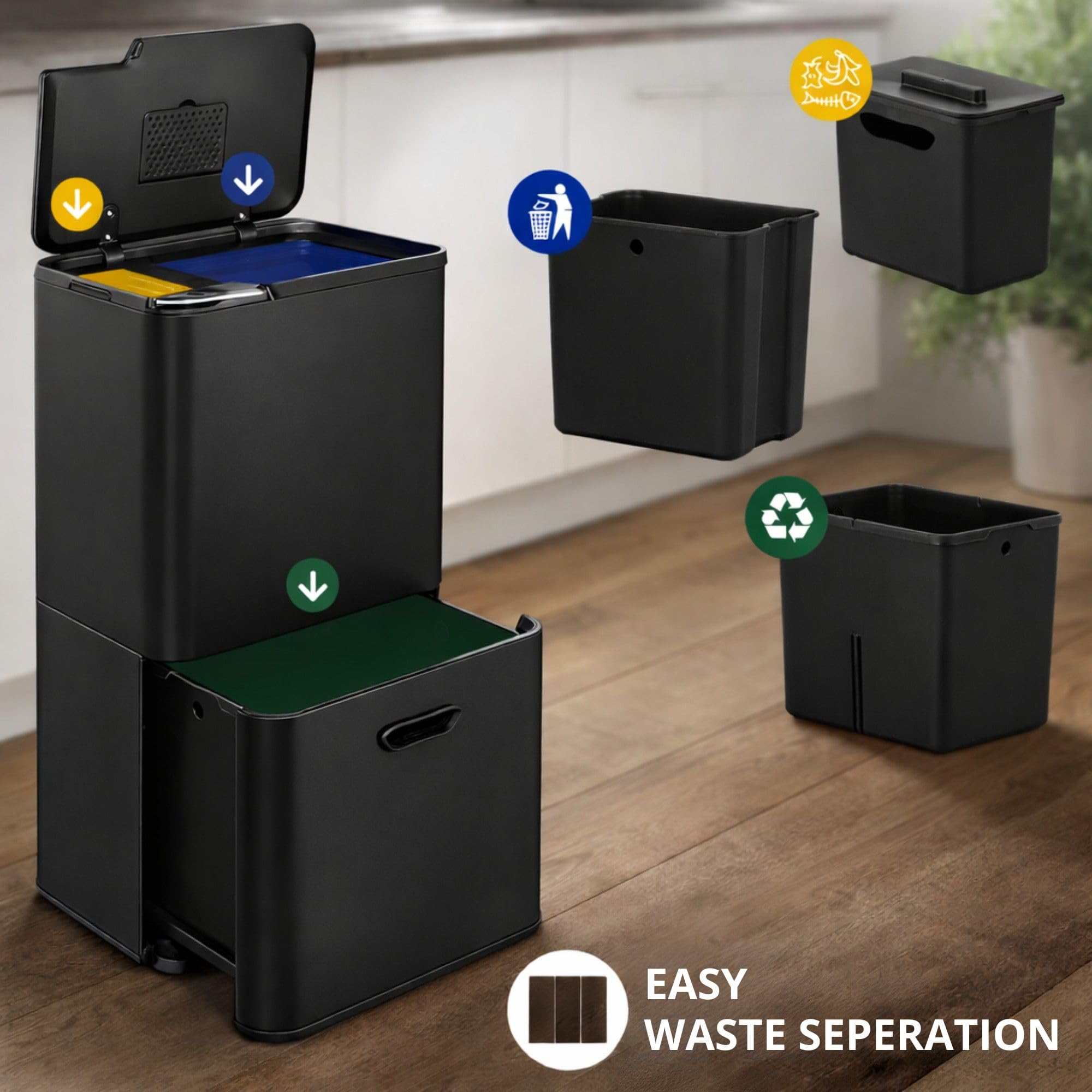 Bayt Cubo De Reciclaje De 60 L Para Cocina - Cubos De Cocina De 60 Litros Con Dos Cubos Interiores Para La Separación De Residuos | Cubo De Basura Vertical De Acero Inoxidable Negro Mate