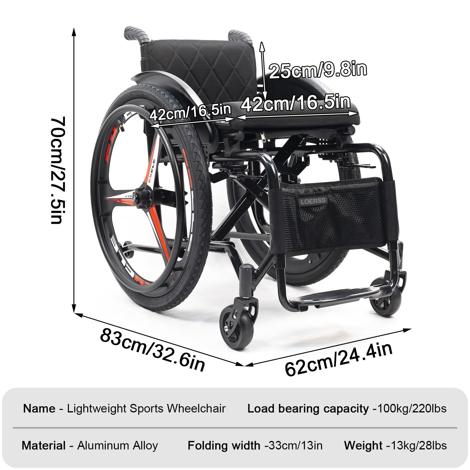 Sedia a rotelle sportiva pieghevole for tutti i terreni, sedia manuale portatile, sedia a rotelle pieghevole leggera e autospinta, sedia a rotelle da trasferimento autospinta(40cm/15.7in)