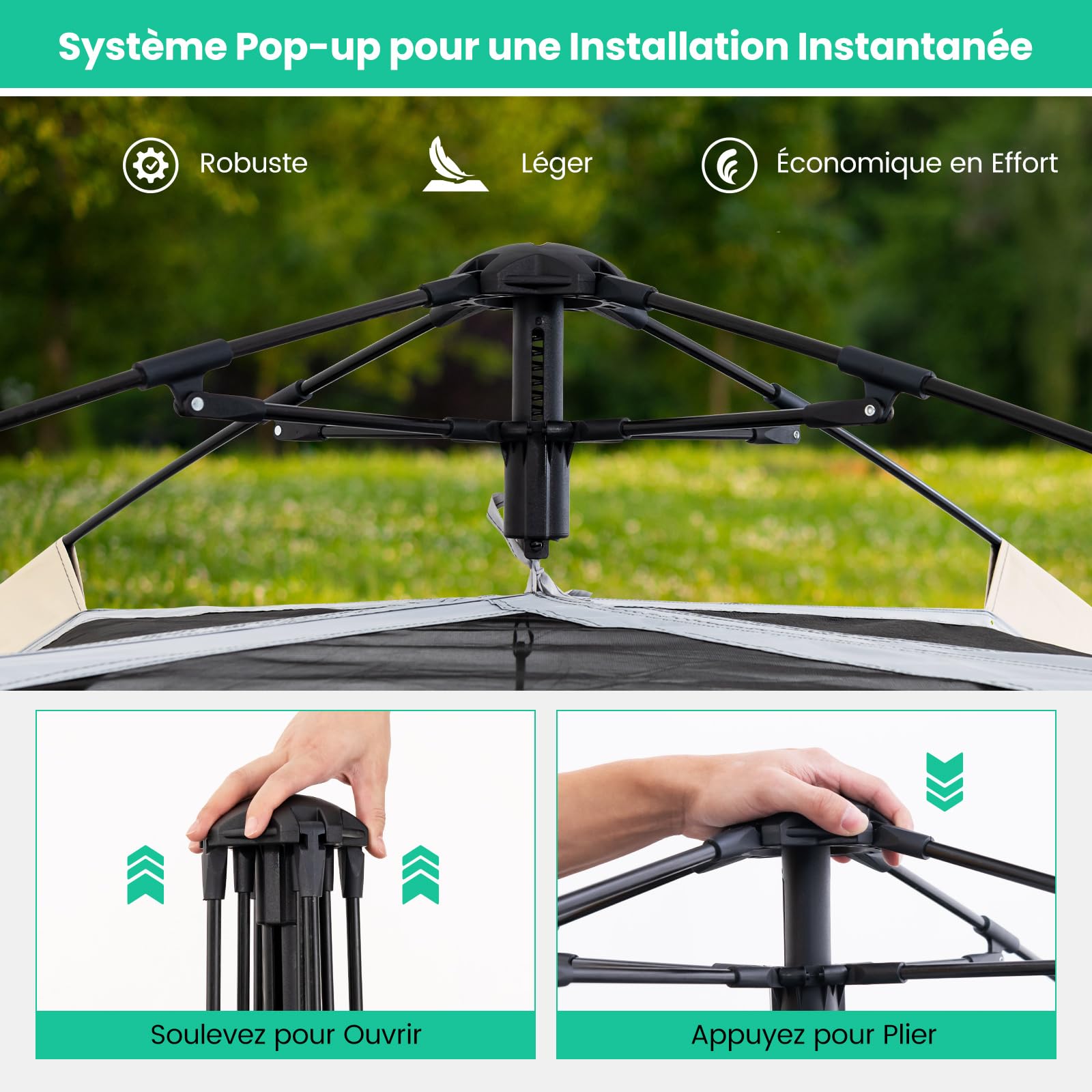 COSTWAY Tente de Camping Instantanée 2-4 Personnes, Tente Pop-up avec Auvent Amovible 2 Fenêtres en Maille 2 Portes Zippées Sac de Transport, Imperméable et Portable pour Camping Randonnée