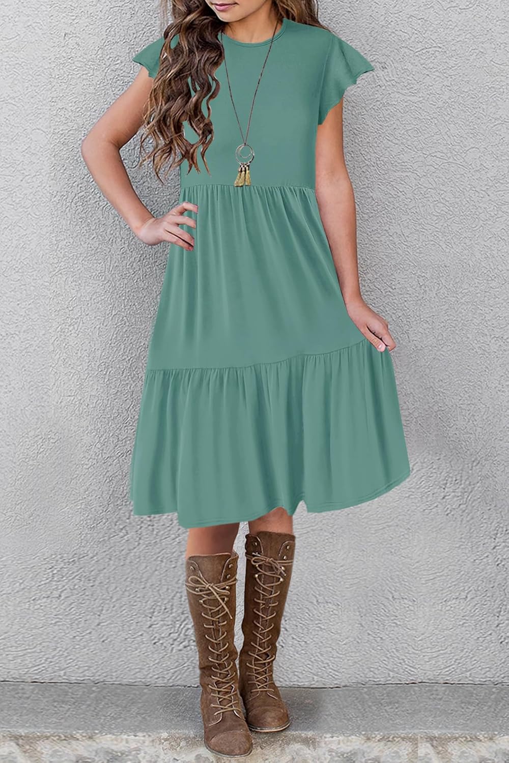 HOSIKA Girls Summer Ruffle Short Sleeve Crew Neck Loose Casual Flowy Tiered Short Dress with Pockets for 6-12 Y - Image 4