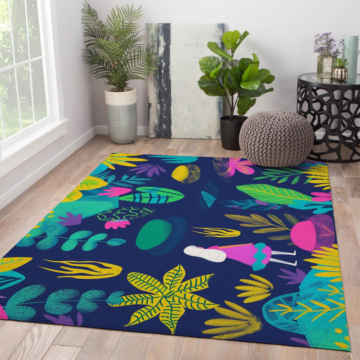 Dywan w stylu boho, 160 x 200 cm, kolorowe liście, kwiaty, kreskówka, figurka, dywan z niskim runem, antypoślizgowy, nowoczesny do pokoju dziecięcego, pokoju zabaw