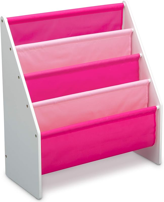 Delta Children Sling Rack Estantería para niños - Almacenamiento de fácil acceso para revistas o libros para colorear - Ideal para salas de juegos y educación en el hogar - Certificado Greenguard Gold, blanco/rosa