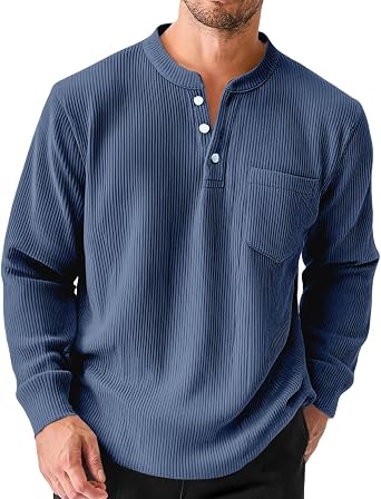 Mens Corduroy Shirt Slim Fit Thermal Henley Shirts with Pockets Casual Long Sleeve Button Down Striped Dress Tops