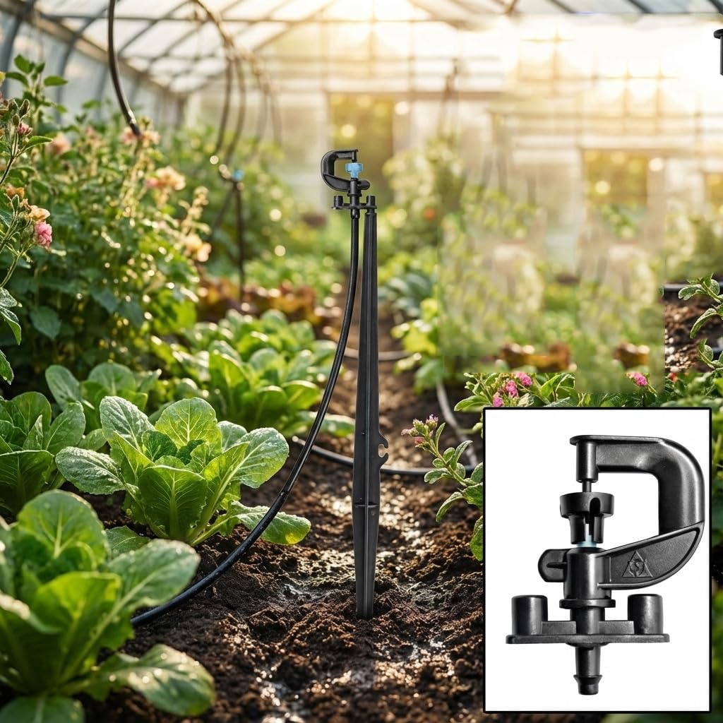 Suinga 50 x MICROASPERSOR Bailarina 360º montado con microtubo, estaca 45 cm para riego agricola y riego en jardineria. Caudal 73 a 125 l/h. Alcance 3 Metros