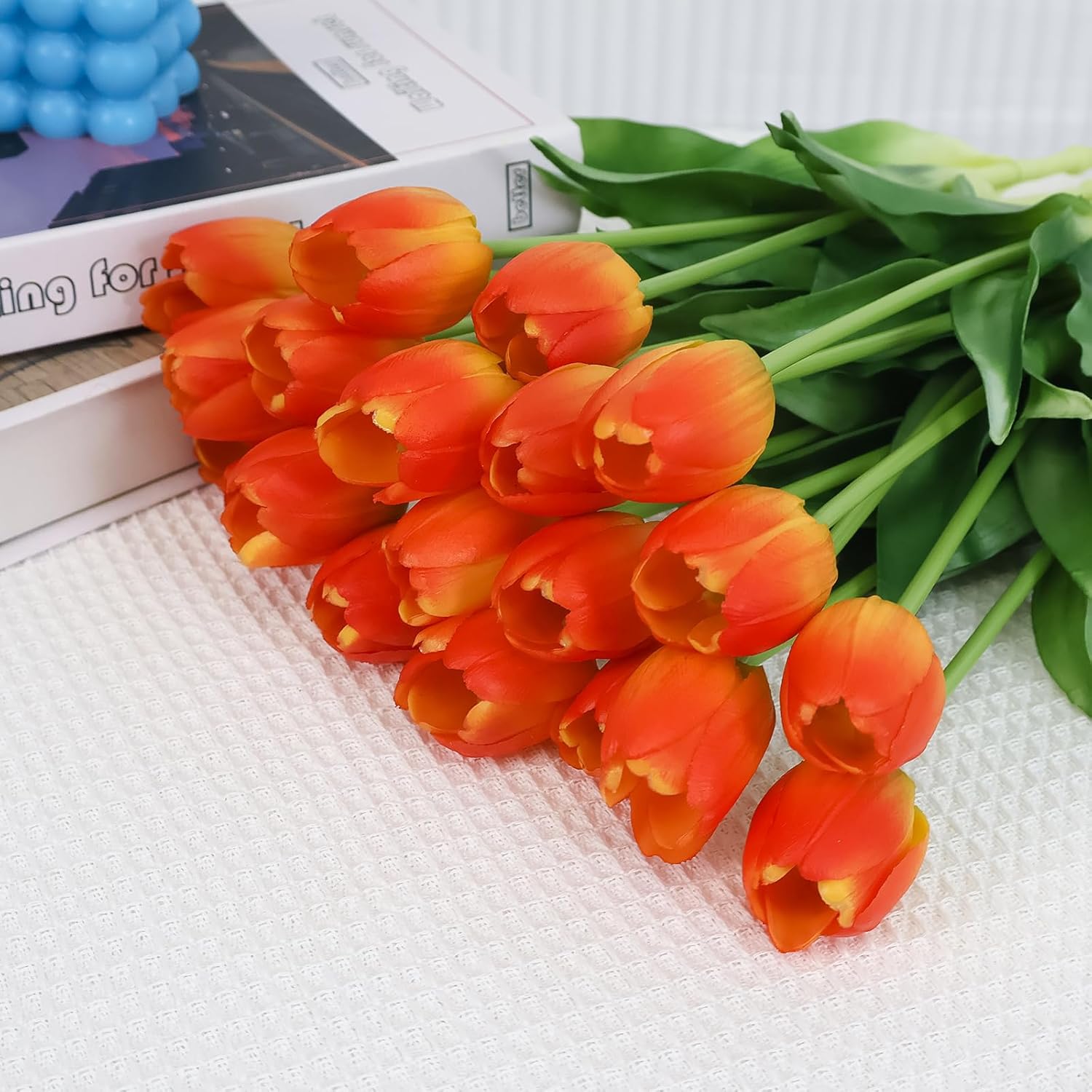 20 Pcs Real Touch Artificial Tulips with Vase, Large Faux Flower Arrangement in Heavy Fluted Glass, Bouquet for Dining Table Centerpiece, Home Office, Spring Decor, Set with Dust Bag (Orange)