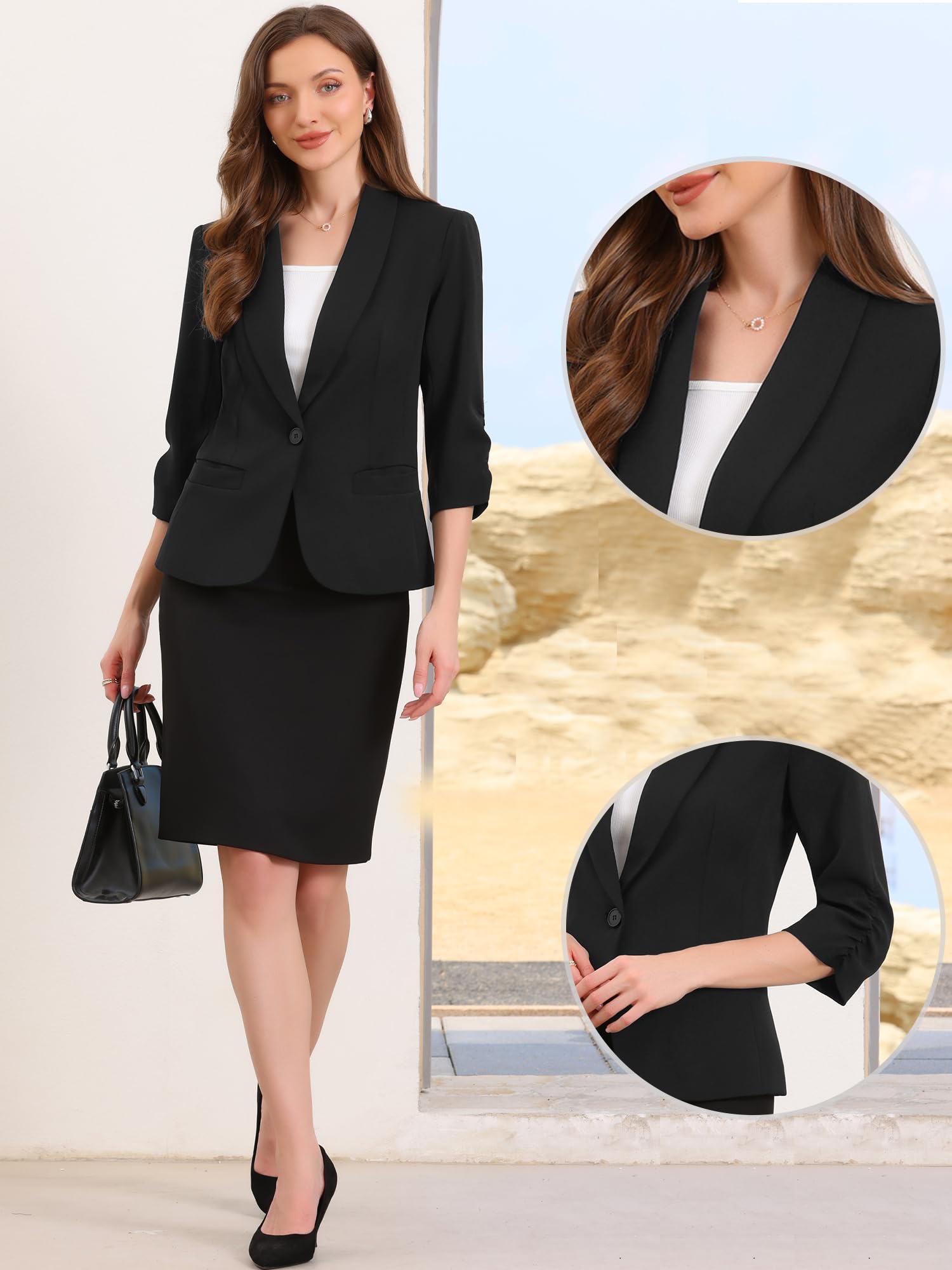 Allegra K Blazer De Trabajo para Mujer Solapa Chal Mangas 3/4 Bolsillo Un Botón Americana Corta De Oficina