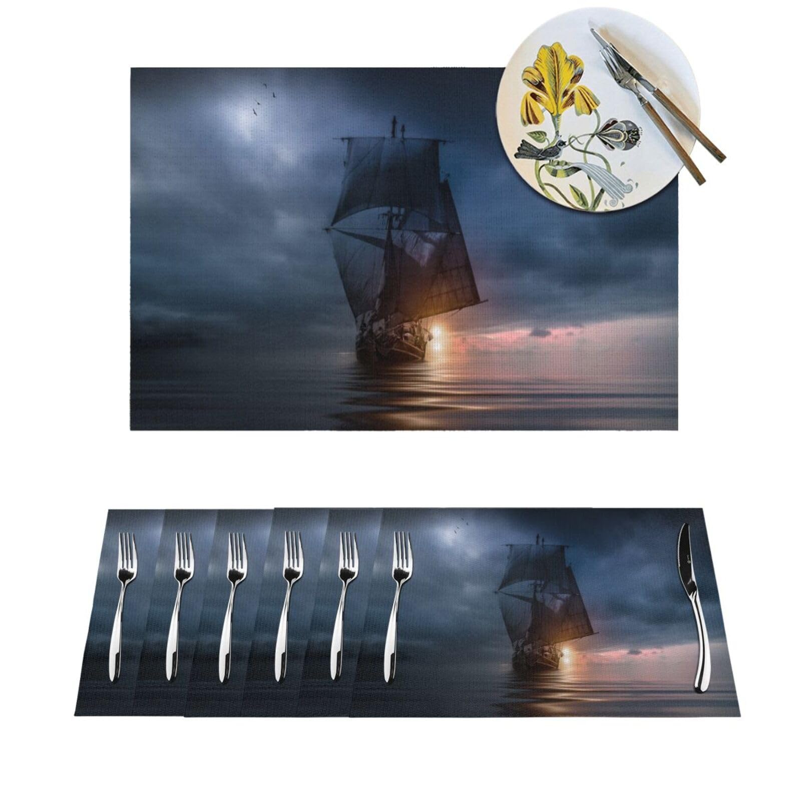 Sets de table tissés motif voilier nautique résistants à la chaleur