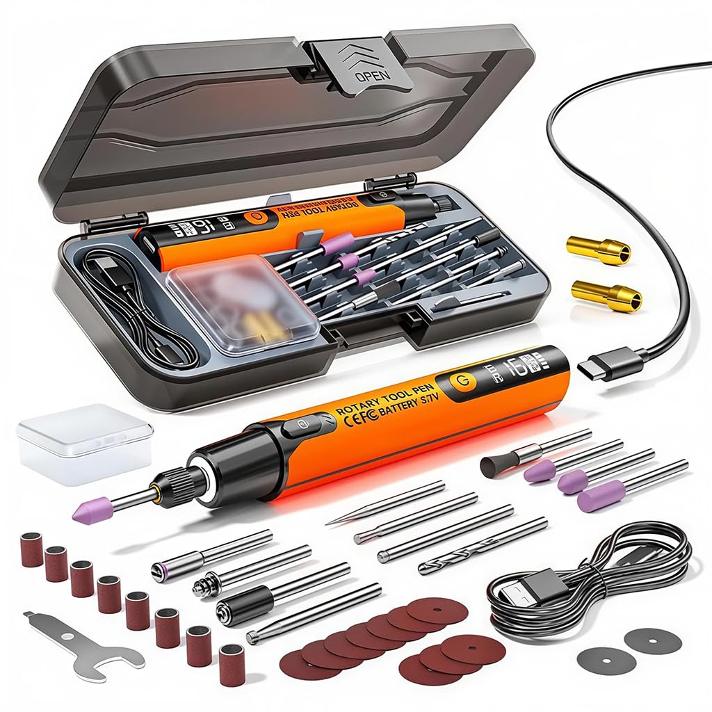 Verilux® Mini Cordless Rotary Tool Kit with 34Pcs Accessories, 3.7V 6-Speed Adjustable Rotary Tool with LCD Display, Light & Tool Box, Multi-purpose Power Rotary Tool for Engraving, Sanding, Grinding-image-12