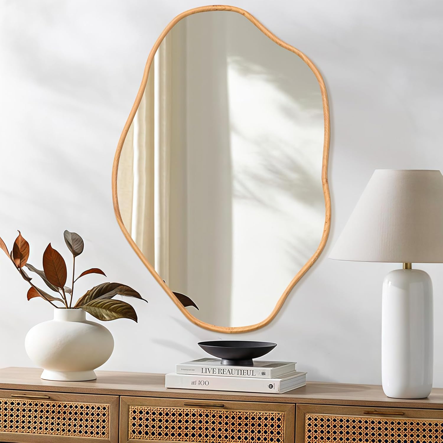 ULIKE Irregular Wall Mirror, 24x36 Inch Asymmetrical Wall Mirror with Solid Wood Frame, Mid-Century Modern Decor with Natural Wood, Vanity Mirrors for Bathroom Bedroom Living Room Entryway