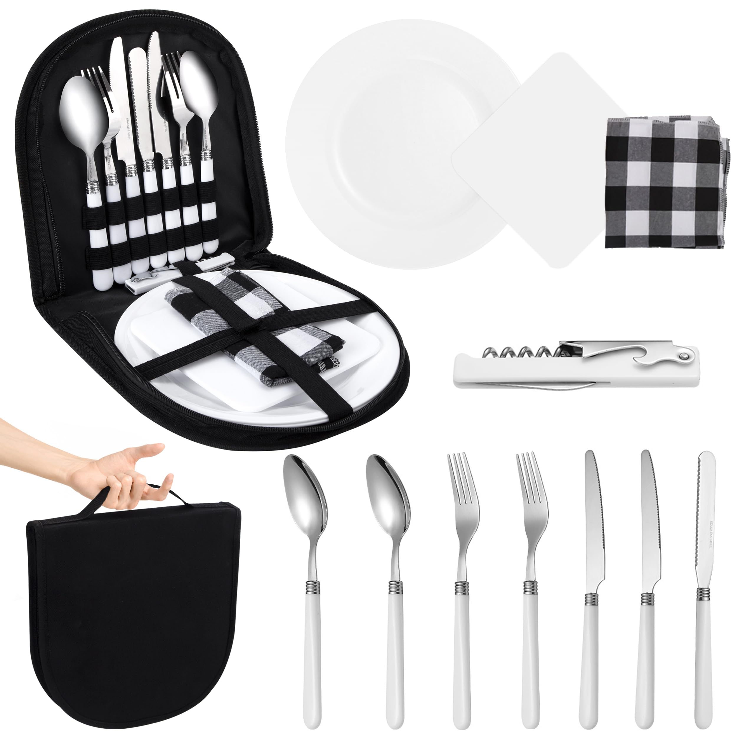 Juego de Cubiertos para Acampar 13 Piezas Portátil Juego de Cubiertos de Viaje Acero Inoxidable con Cuchara Plato Tenedor para Acampar Picnic 2 Personas