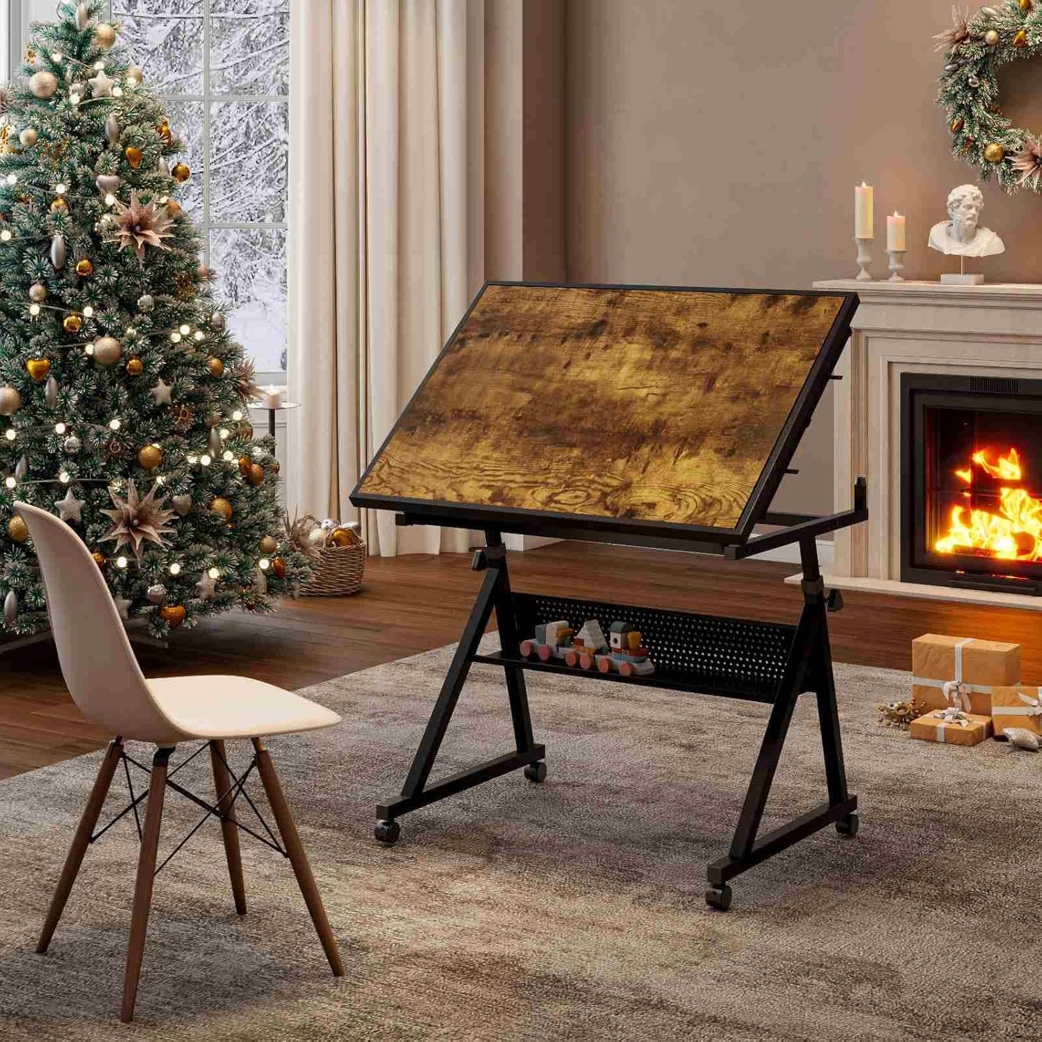 Adjustable Puzzle Table with 4 Felt Sorting Trays & Wooden Cover,1500 Piece Jigsaw Puzzle Board with Height & Angle Adjustment, Portable Rolling Craft Table