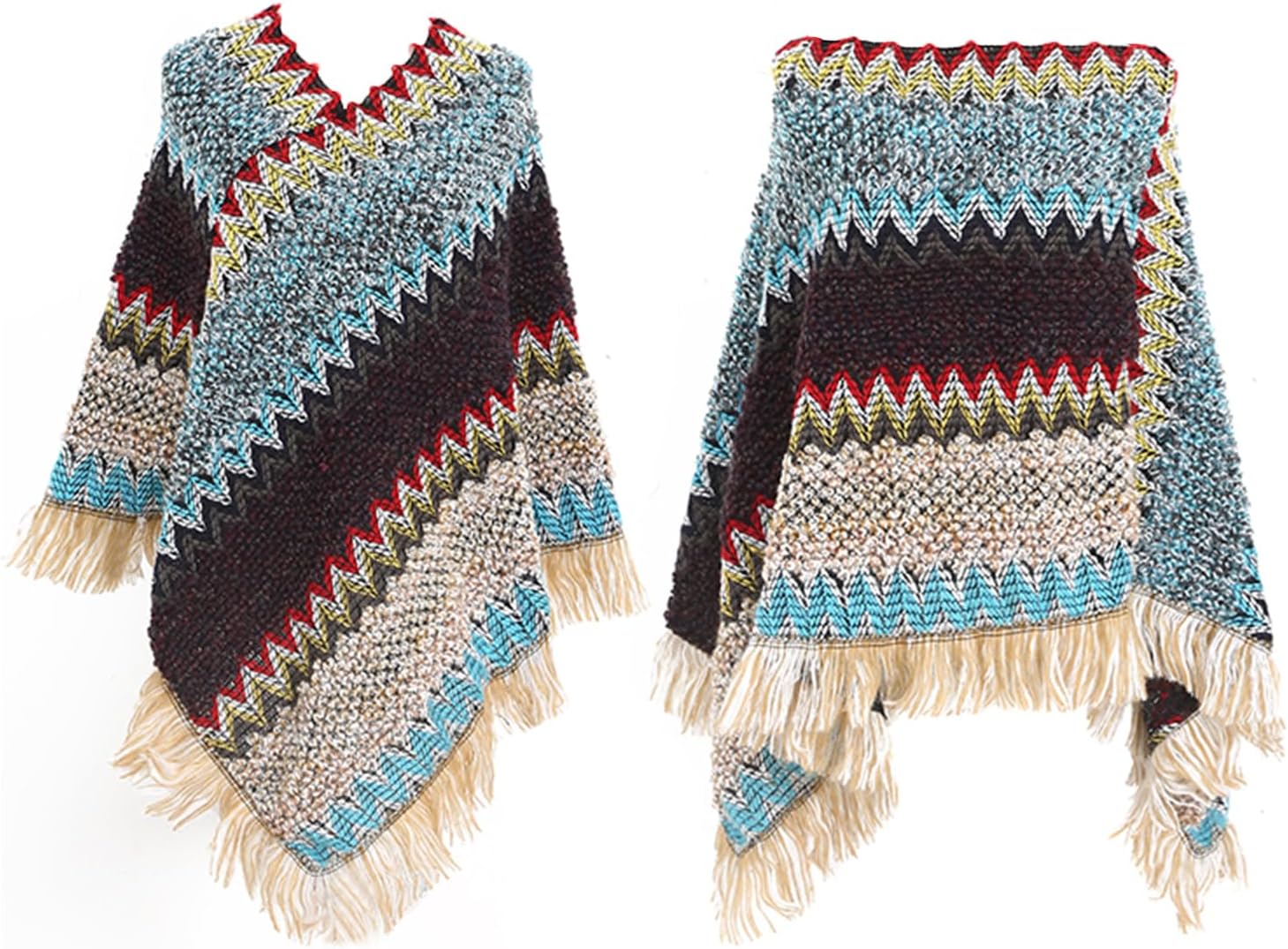 Women's Poncho Sweater Zig Zag Knit Mexican Poncho Wrap Fall Hippie Soft Fringe Crochet Shawl Asymmetrical Cape - Image 2