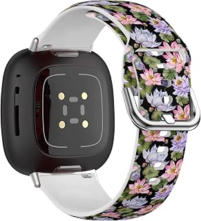 Compatible with Fitbit Versa 3, Versa 4, Sense, Sense 2 ( Large Pink Purple Lotus Flowers Pattern ) Soft Silicone Sport Band for Women Men, Replacement Bracelet Strap for Fitbit Versa 3 & 4, Fitbit Sense , Sense 2