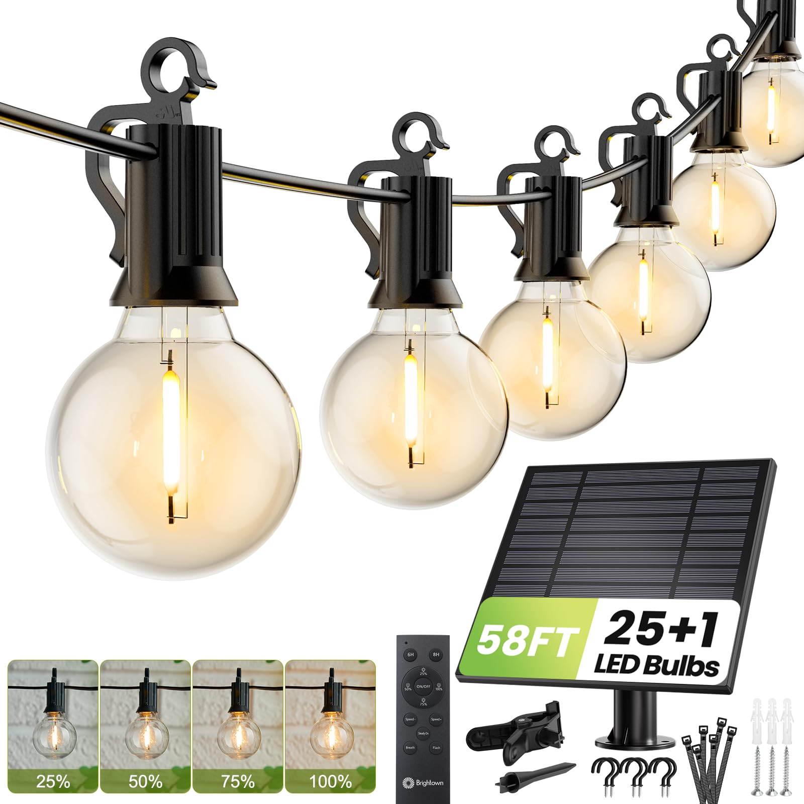 Brightown 58FT Solar String Lights Outdoor with Remote Cable Ties Hooks, 26 LED Shatterproof Bulbs, 3 Light Modes, Dimmer & Timer, Commercial Grade Patio Lights for Yard Balcony Pergola Party Decor