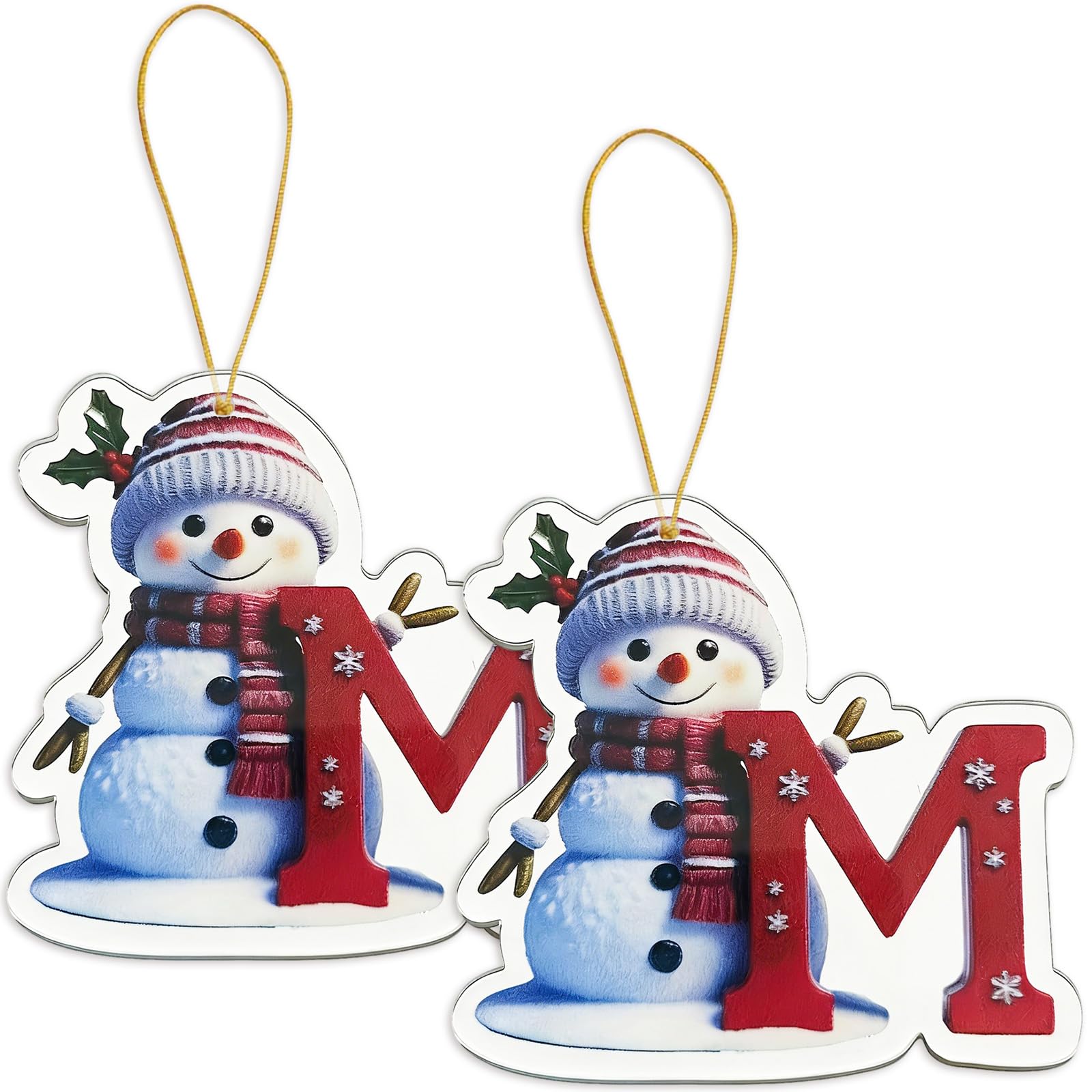 FAMINESS 2PCS 2D Acrylic Letter M Snowman Christmas Ornaments - 26 Alphabet Tree Decorations Hanging Ornaments for Party Gifts