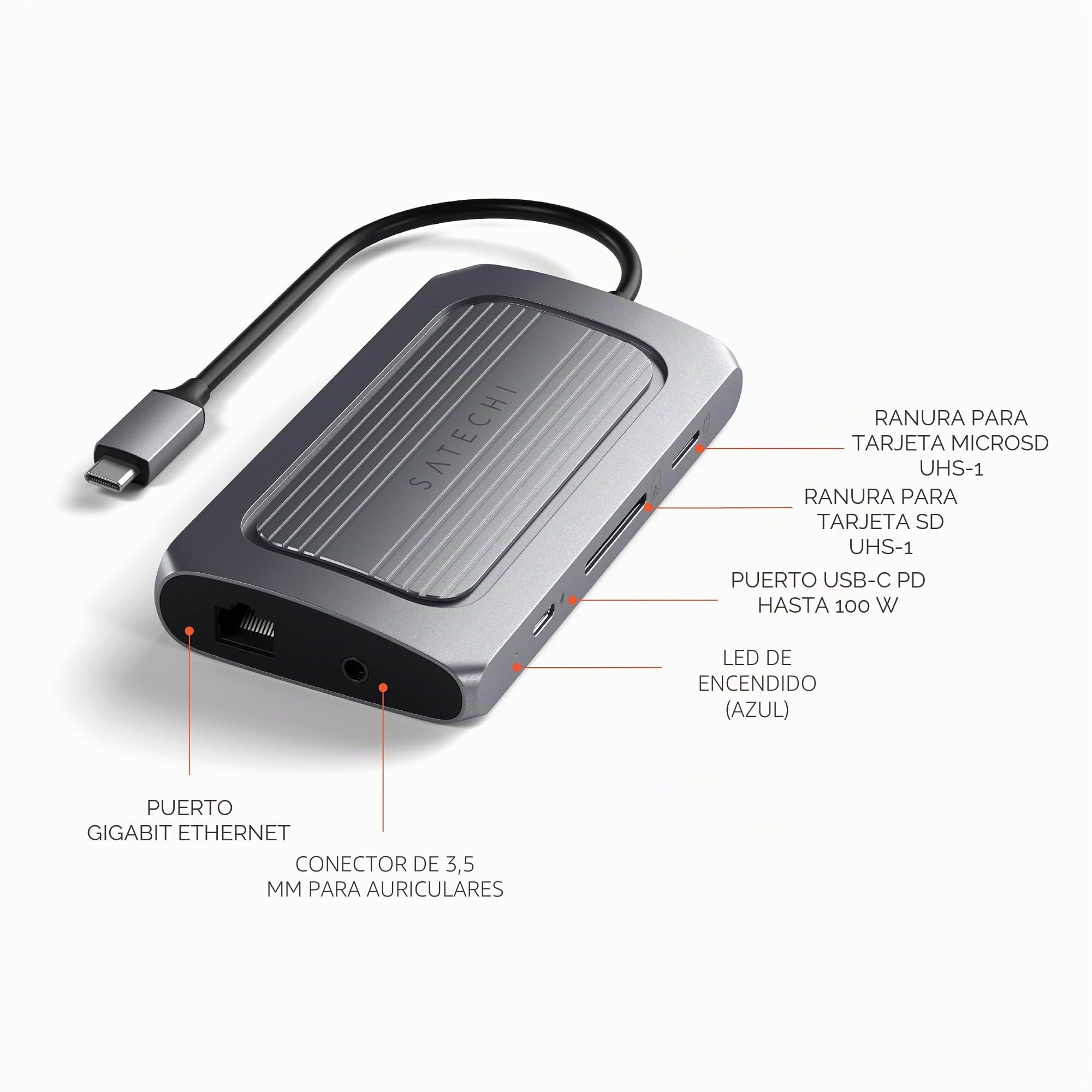 SATECHI Hub USB C 9 en 1 Multipuerto, HDMI 8K, PD 100W, Gris