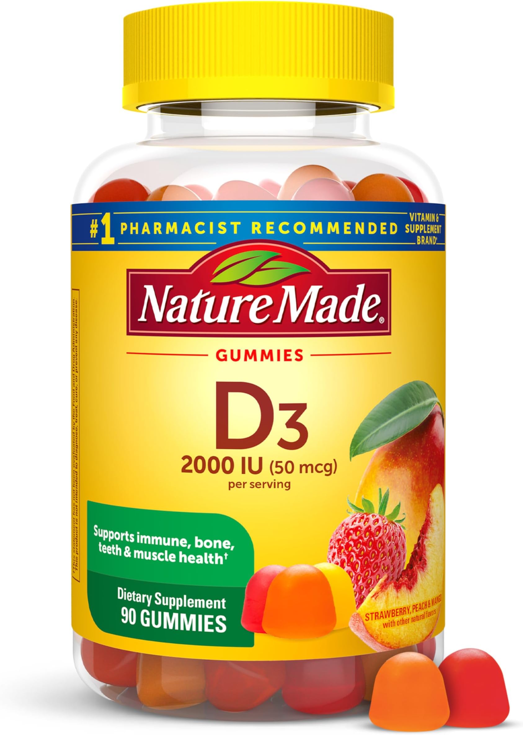 Vitamin D3 2000 IU Per Serving Gummies, Bone, Teeth, Muscle and Immune Health Support, 45 Day Supply, 90 Vitamin D Gummies for Adults