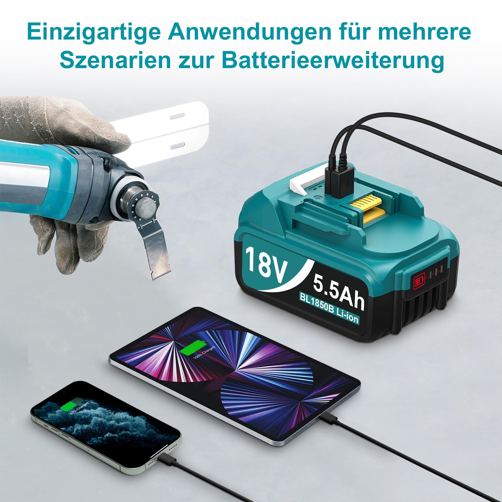 2 x 18V 5,5Ah Ersatzakkus für Makita 18V Akku & 1 x Ersatzladegerät DC18RF mit USB Anschluss, kompatibel mit Makita LXT Akkus BL1860B, BL1850B, BL1840B, BL1830B und Ladegeräten DC18RC, DC18RA, DC18SF