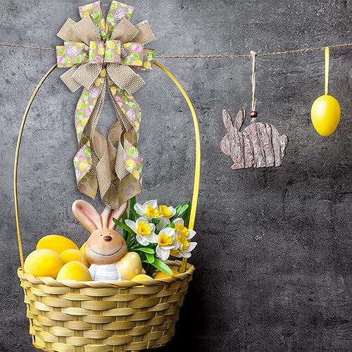 Miniatura 7 de Arcos grandes de corona de Pascua para puerta delantera, lazos de arpillera de lino, lazo de huevos de Pascua, lazos de decoración de árbol de