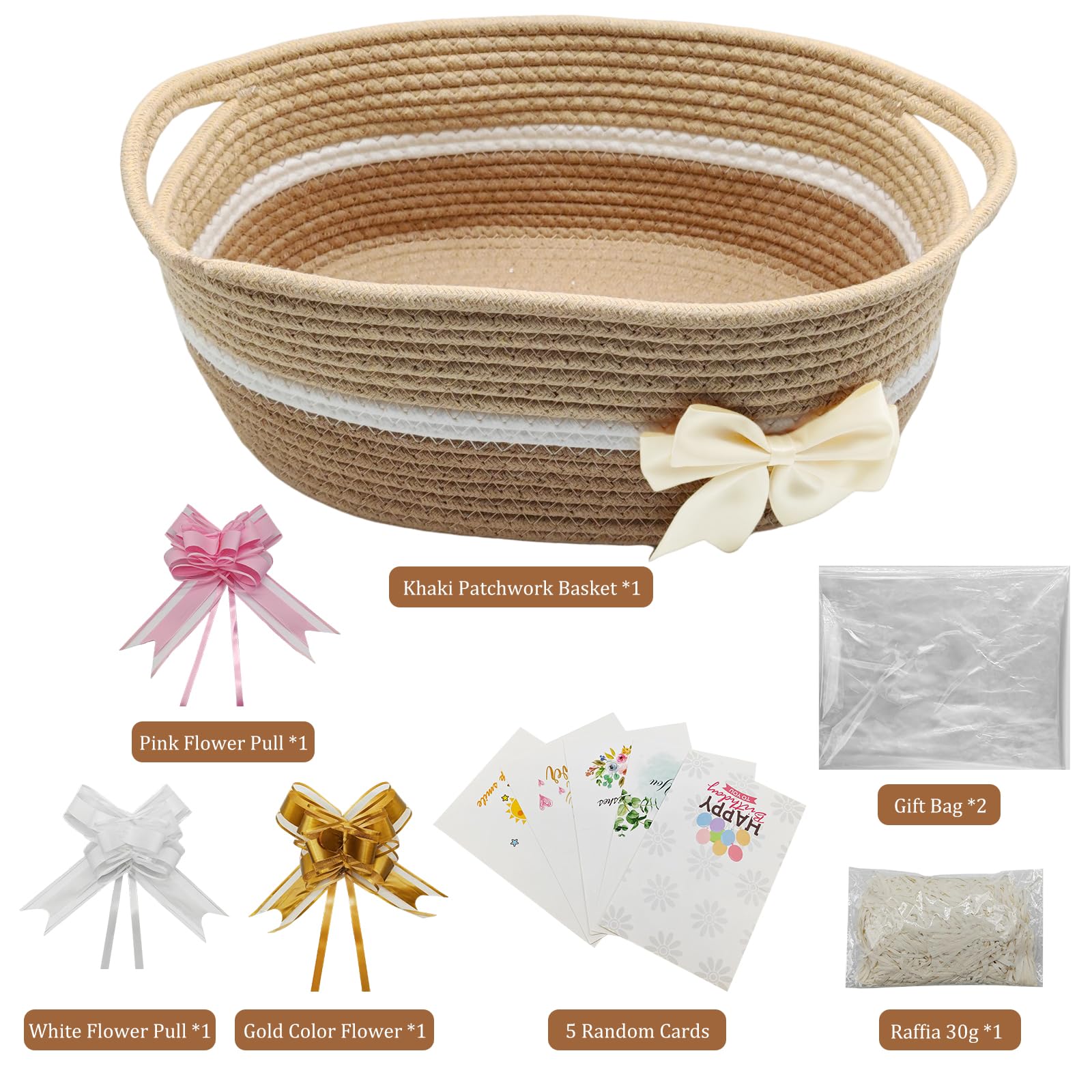 Panier cadeau en coton tissé vide avec nœuds, sacs et papier déchiqueté, pour fête prénatale, remise de diplôme, pendaison de crémaillère, Pâques, 32 x 24 x 14 cm, café