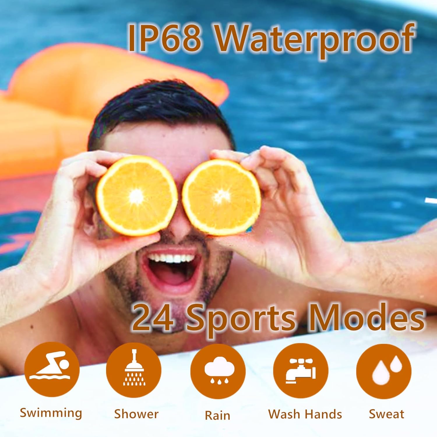 Man in a pool with the IOWODO R5 Smart Watch, illustrating its IP68 waterproof rating and 24 sports modes including swimming and showering.