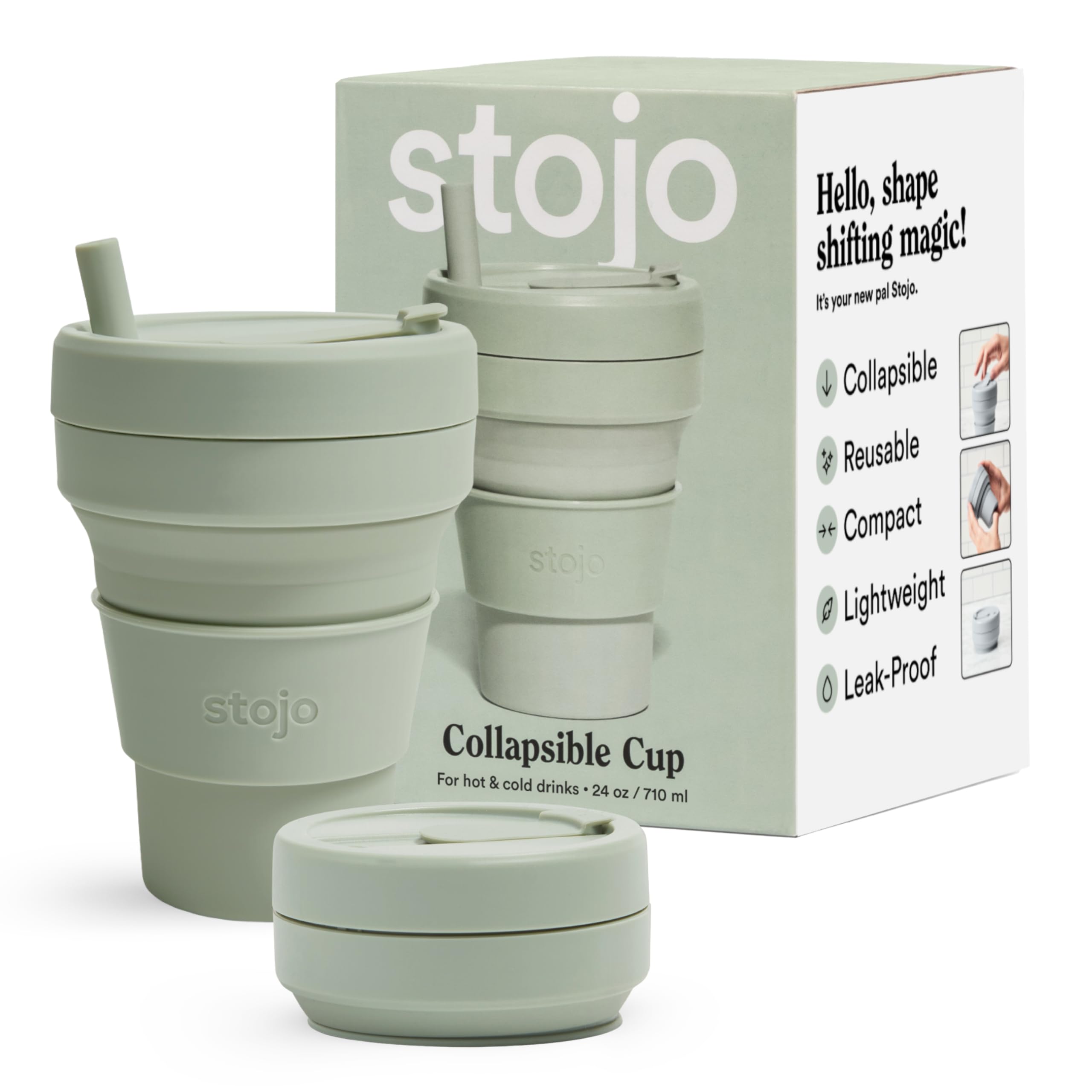 STOJO Titan Collapsible Travel Cup With Straw - Sage Green, 24oz / 710ml - Reusable To-Go Pocket Size Silicone Cup for Hot & Cold Drinks - Camping and Hiking - Microwave & Dishwasher Safe