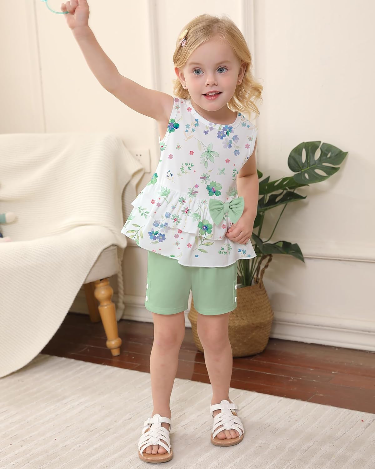 YUEMION Toddler Girl Clothes, 2Pcs Baby Girl Summer Outfits Sleeveless Bow Knot Tank Shirts Tops + Shorts Clothing Sets 1-5T - Image 2