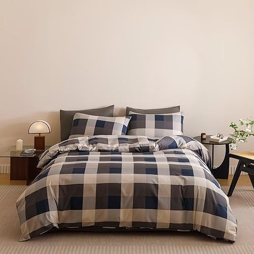 Houseri Blue Plaid Comforter Set King Vintage Grid Bedding Sets